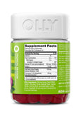 OLLY close-up de gomita junto a goji y maracuyá para resaltar ingredientes naturales