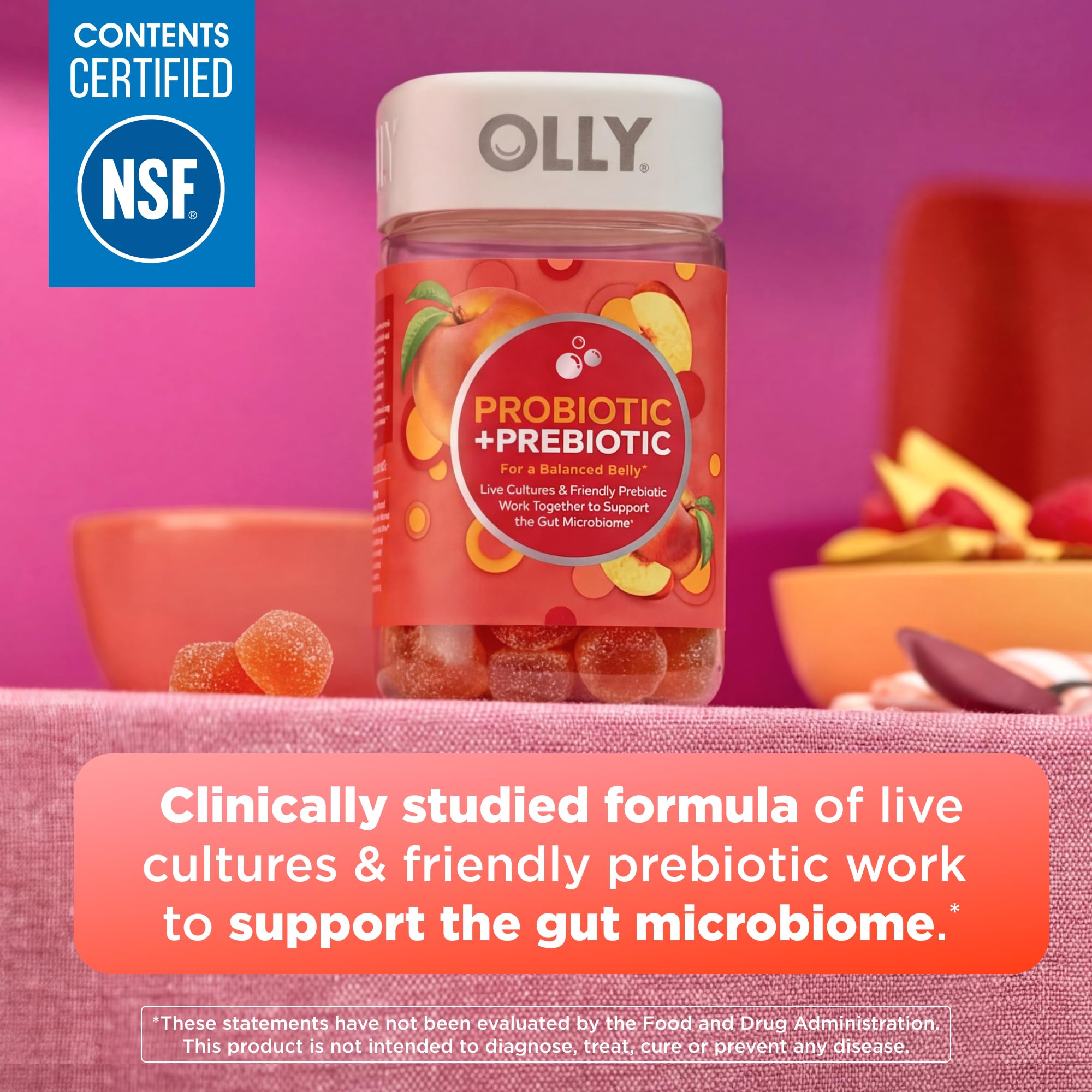 OLLY detalle de una gomita, beneficio: textura masticable y sabor durazno