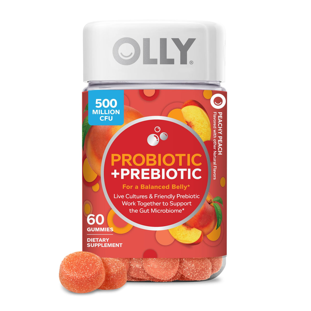 OLLY frasco frente mostrando 60 gomitas, beneficio: apoyo digestivo diario