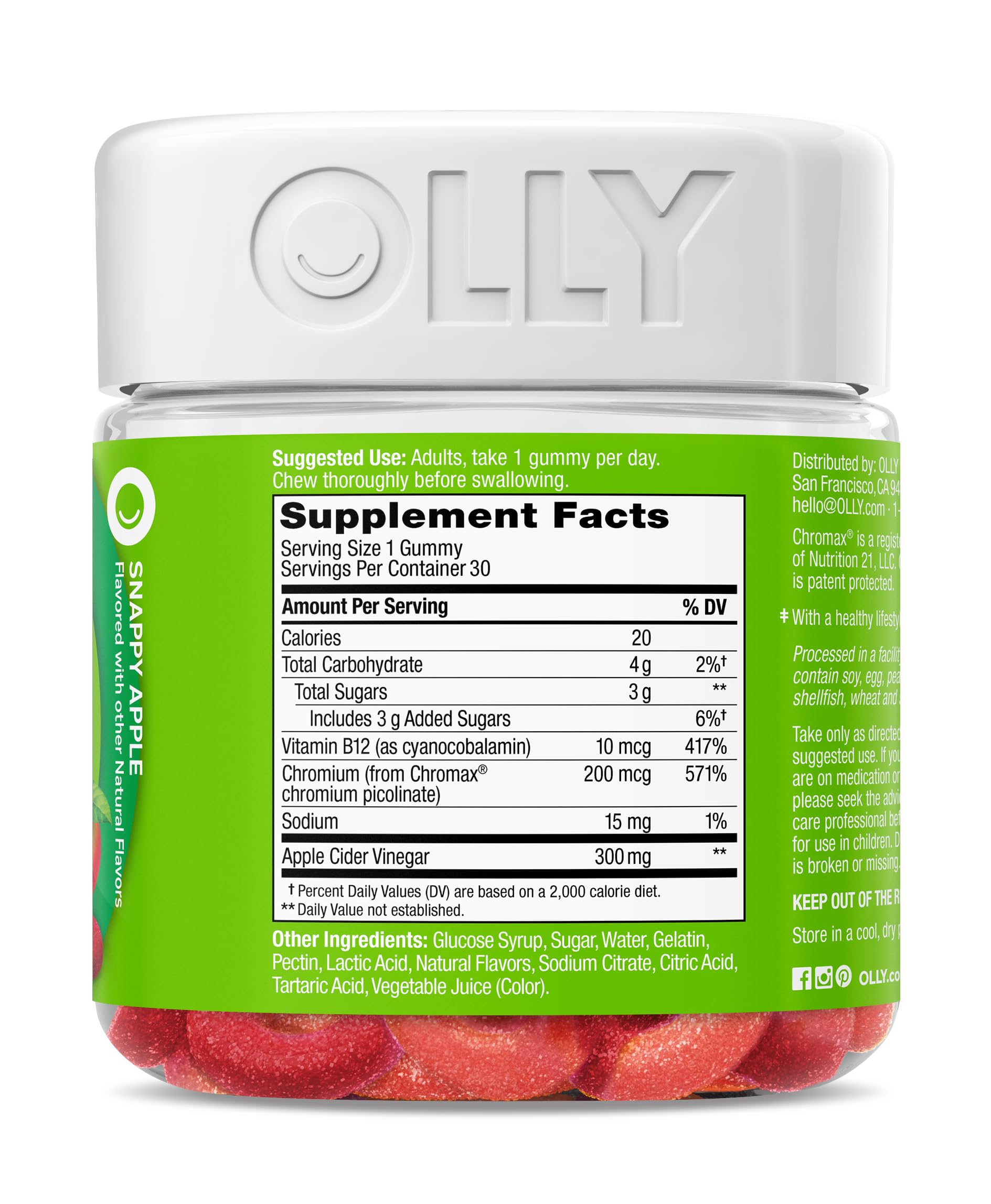 OLLY bote abierto mostrando gomitas listas para consumo diario