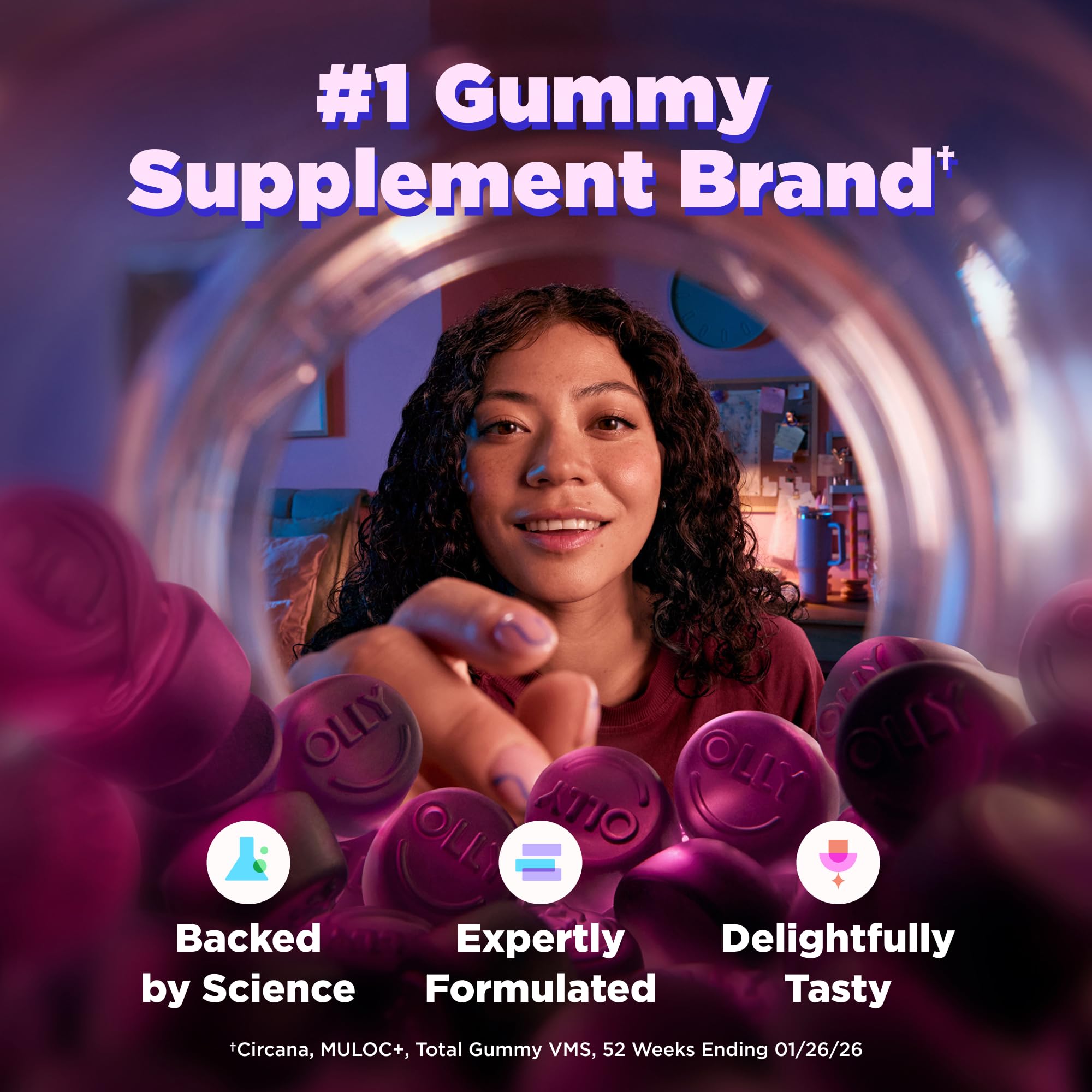 OLLY etiqueta con tabla nutricional mostrando 10 mg melatonina por porción
