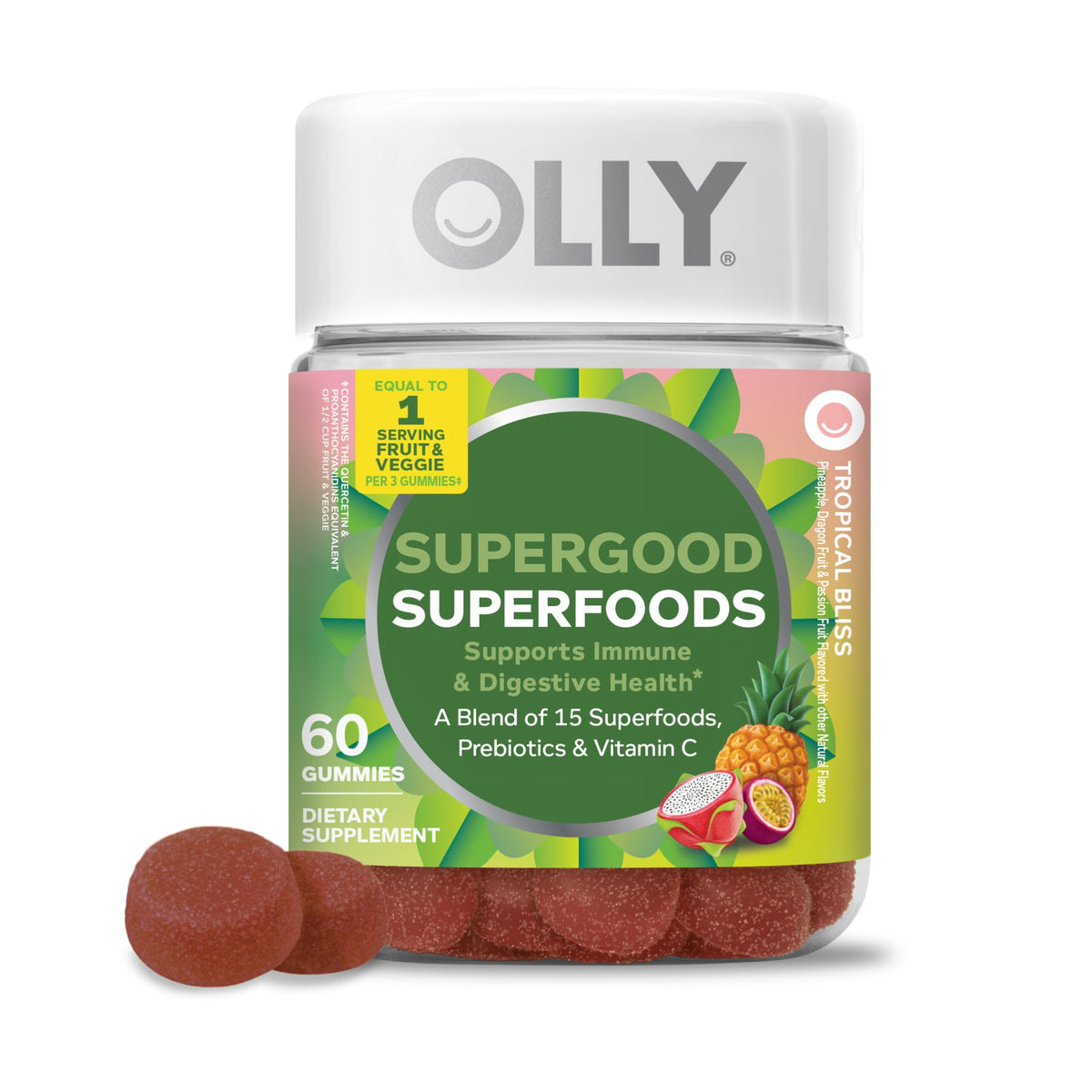 OLLY frontal del envase mostrando la marca y beneficios visibles