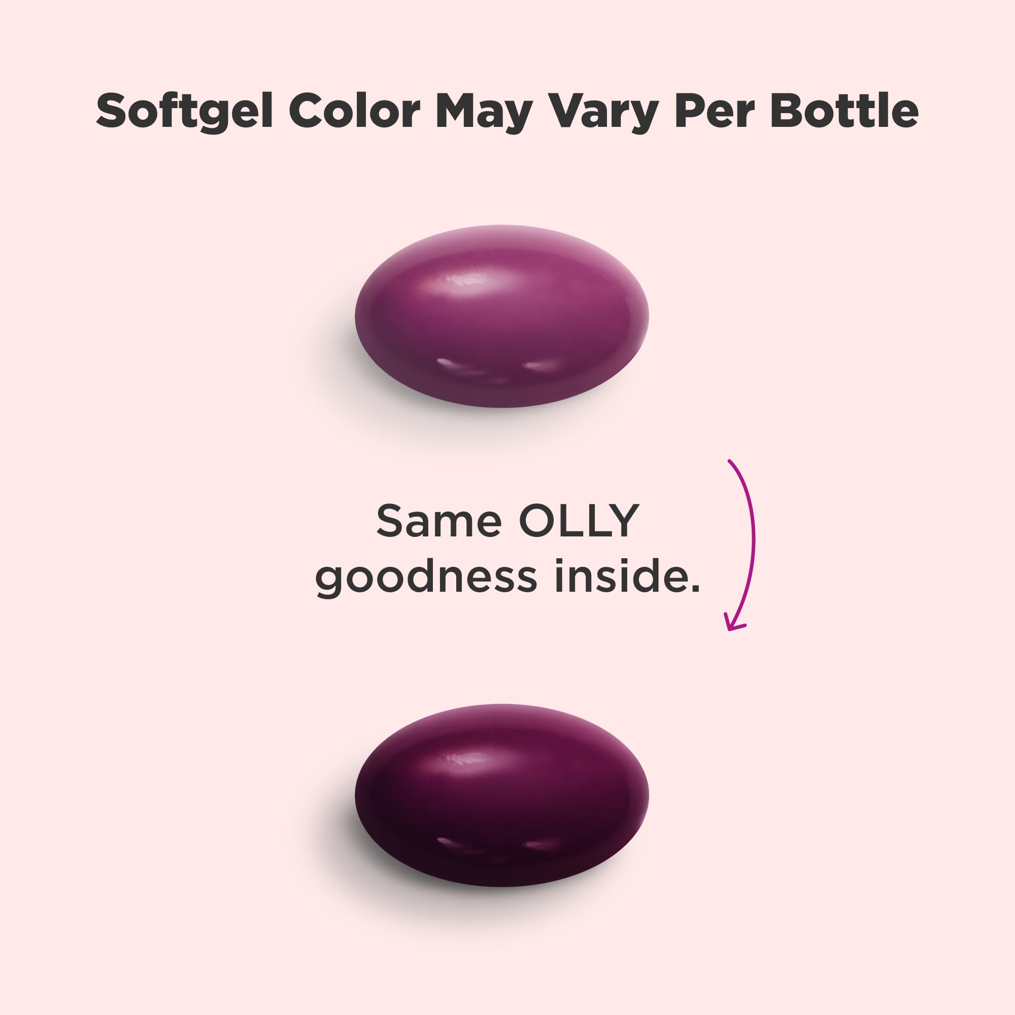 OLLY primer plano de textura de softgel resaltando facilidad para tragar