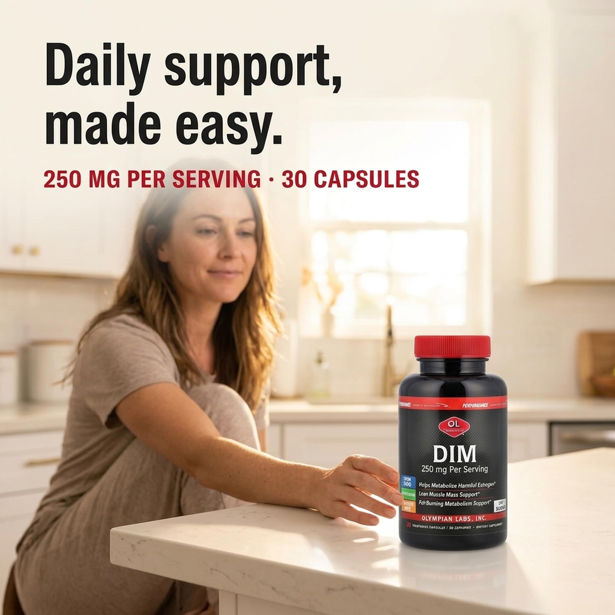 Olympian Labs cápsula de DIM en mano para visualizar el tamaño y la dosis cómoda
