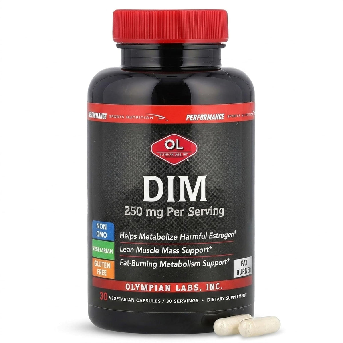 Olympian Labs frasco de DIM 250 mg mostrando el frente y beneficios de suministro mensual