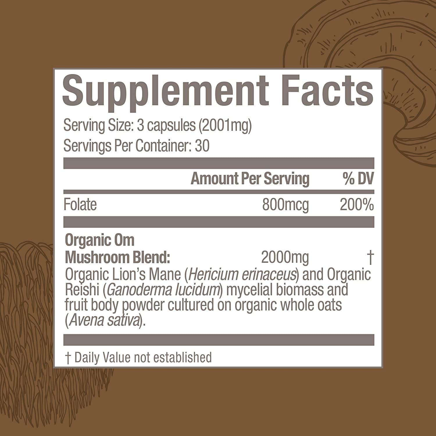 OM MUSHROOM SUPERFOOD etiqueta con ingredientes, transparencia y confianza