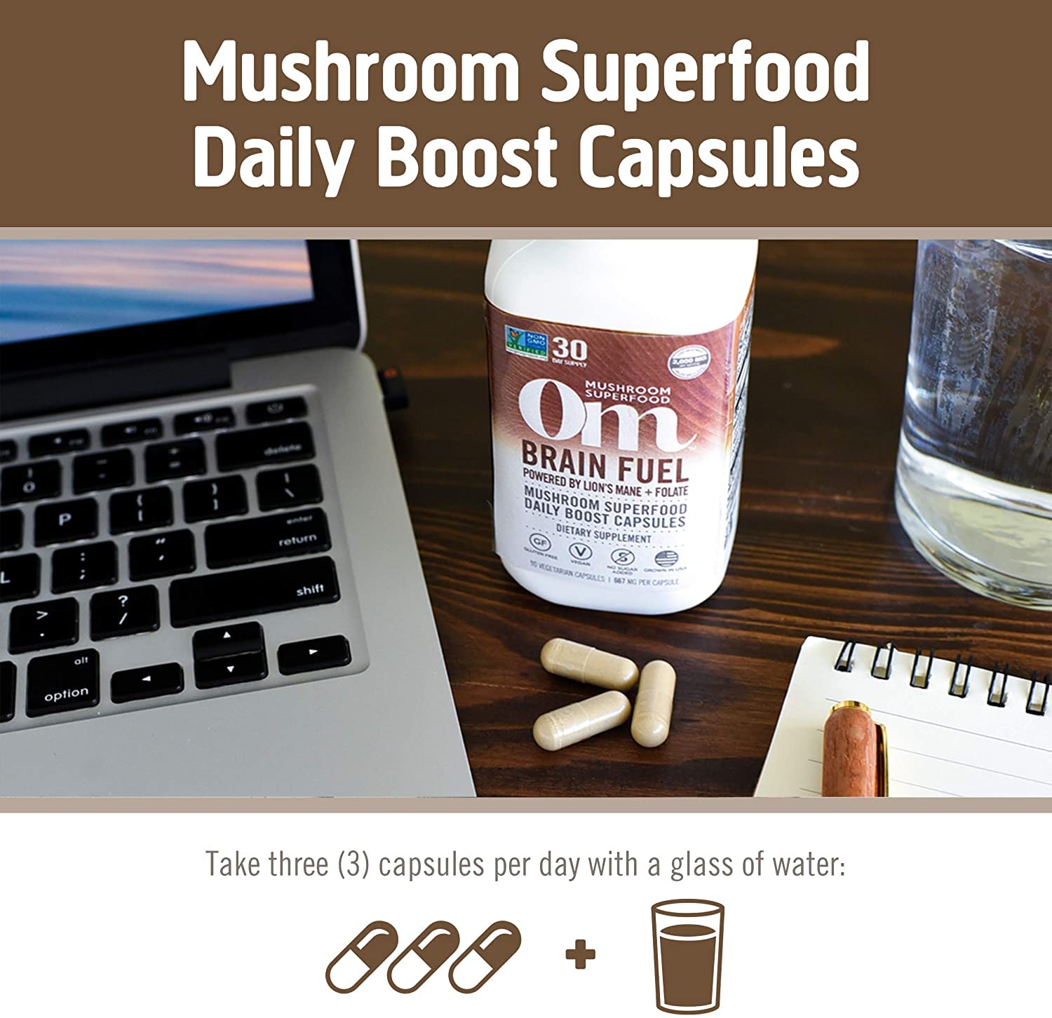 OM MUSHROOM SUPERFOOD tamaño de envase a escala, 90 cápsulas para 30 días