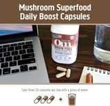 OM MUSHROOM SUPERFOOD tamaño de envase a escala, 90 cápsulas para 30 días