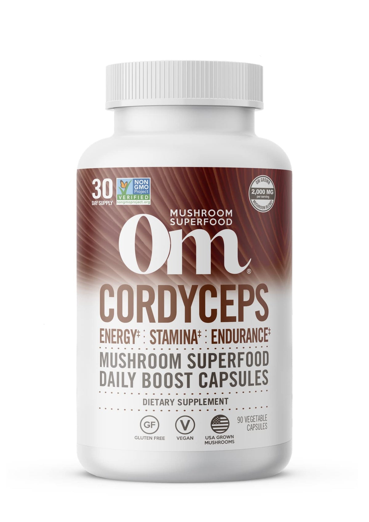 OM MUSHROOM SUPERFOOD frasco frontal de 90 cápsulas mostrando presentación clara y orgánica