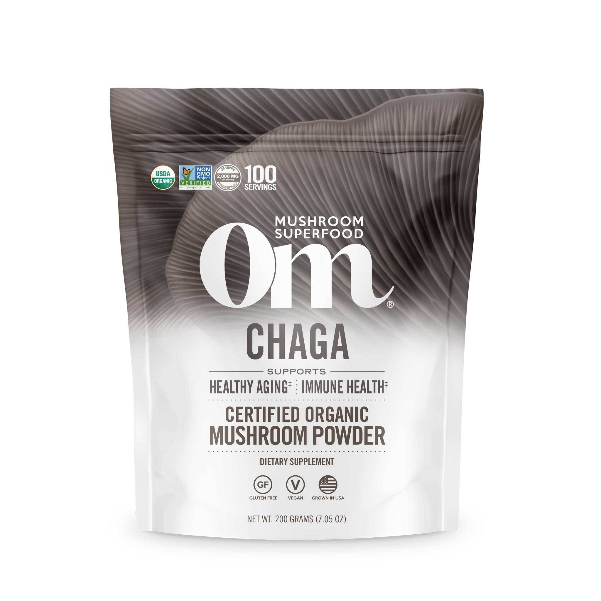 OM MUSHROOM SUPERFOOD frente del empaque mostrando sello orgánico y porciones