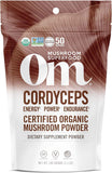 OM MUSHROOM SUPERFOOD frontal del empaque mostrando certificaciones y beneficio energético