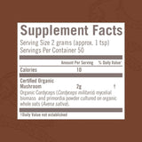 OM MUSHROOM SUPERFOOD etiqueta con certificaciones orgánicas y transparencia de ingredientes
