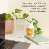 OM MUSHROOM SUPERFOOD etiqueta con información de dosis y claridad