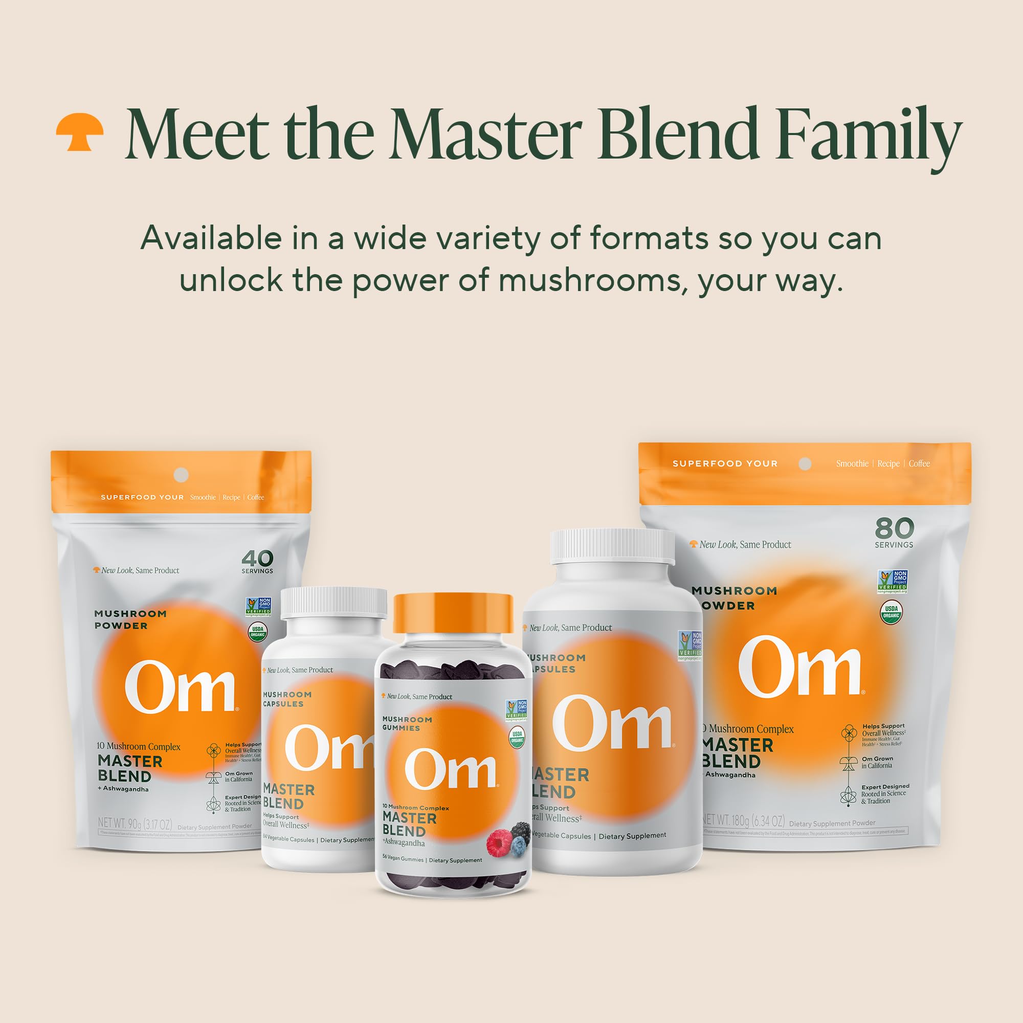 OM MUSHROOM SUPERFOOD frasco en ambiente lifestyle transmitiendo uso cotidiano