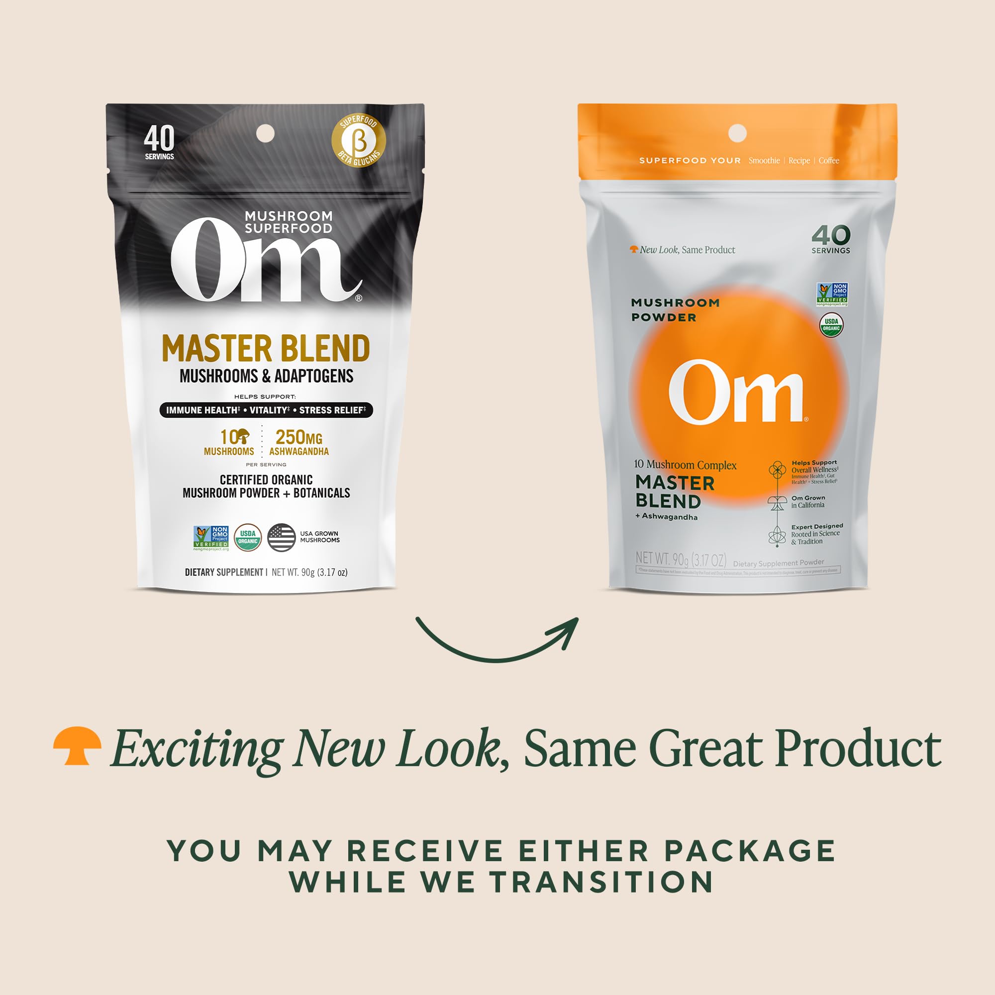 OM MUSHROOM SUPERFOOD etiqueta con lista de 10 hongos y ashwagandha