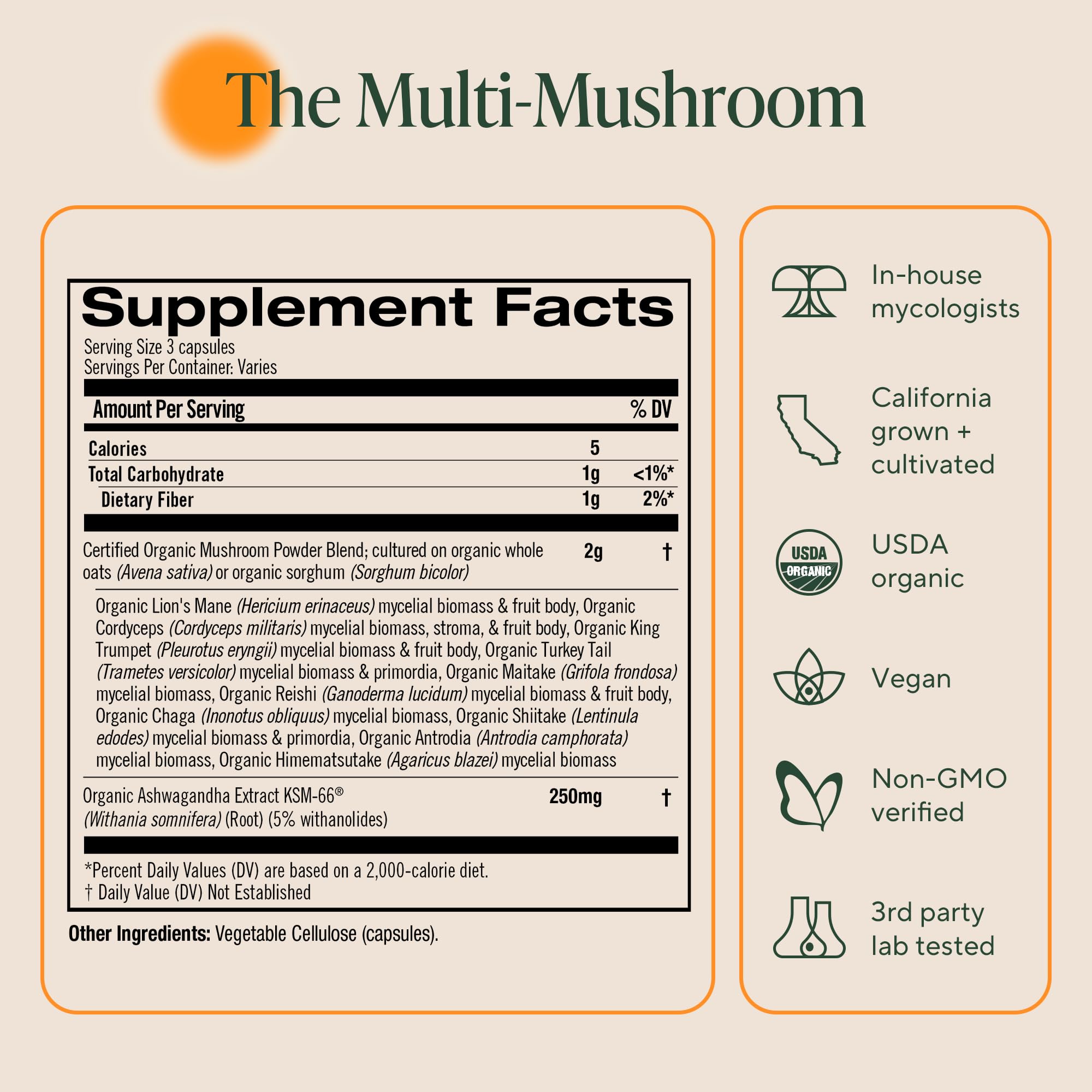 OM MUSHROOM SUPERFOOD etiqueta en primer plano destacando certificaciones orgánicas