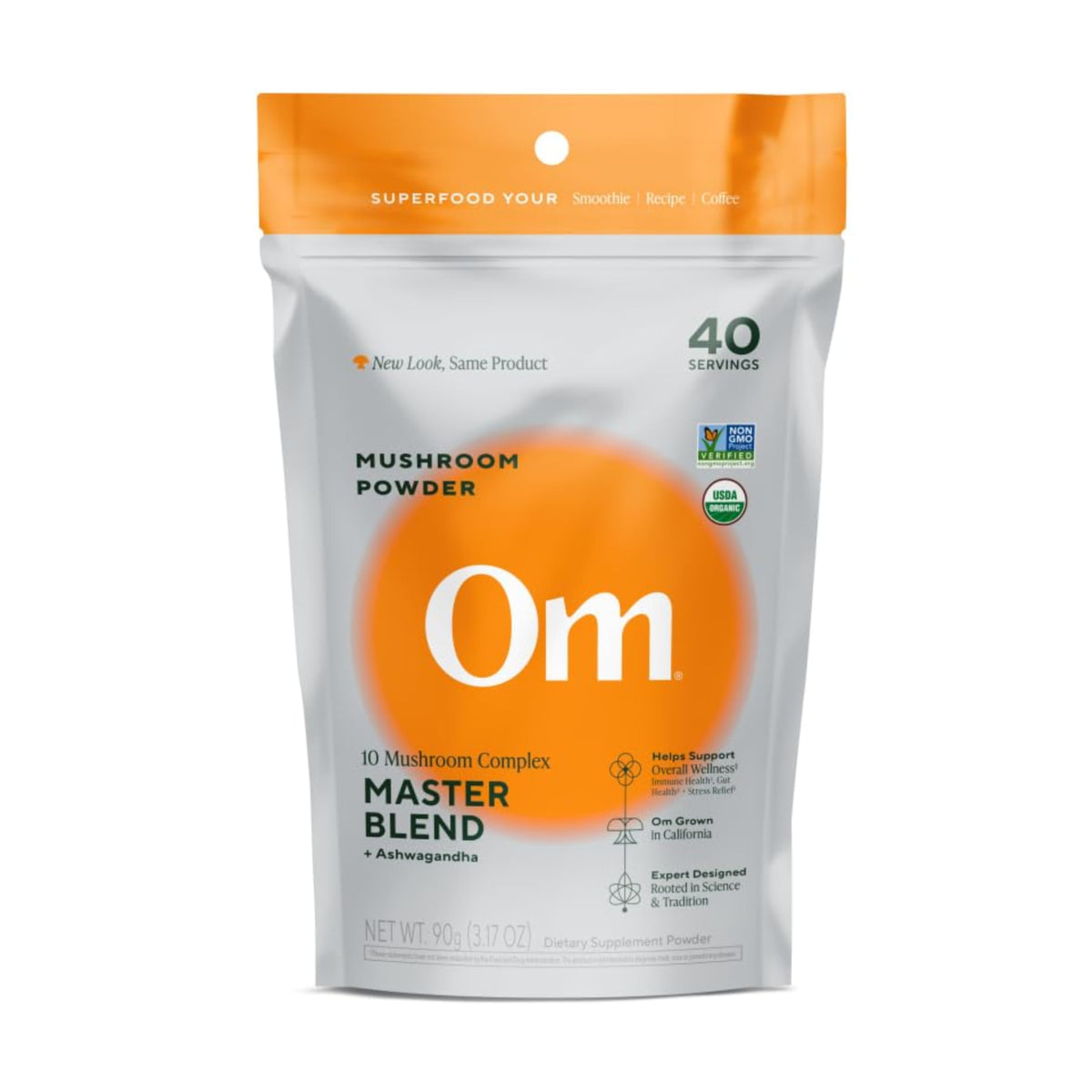 OM MUSHROOM SUPERFOOD envase frontal mostrando el diseño y beneficios