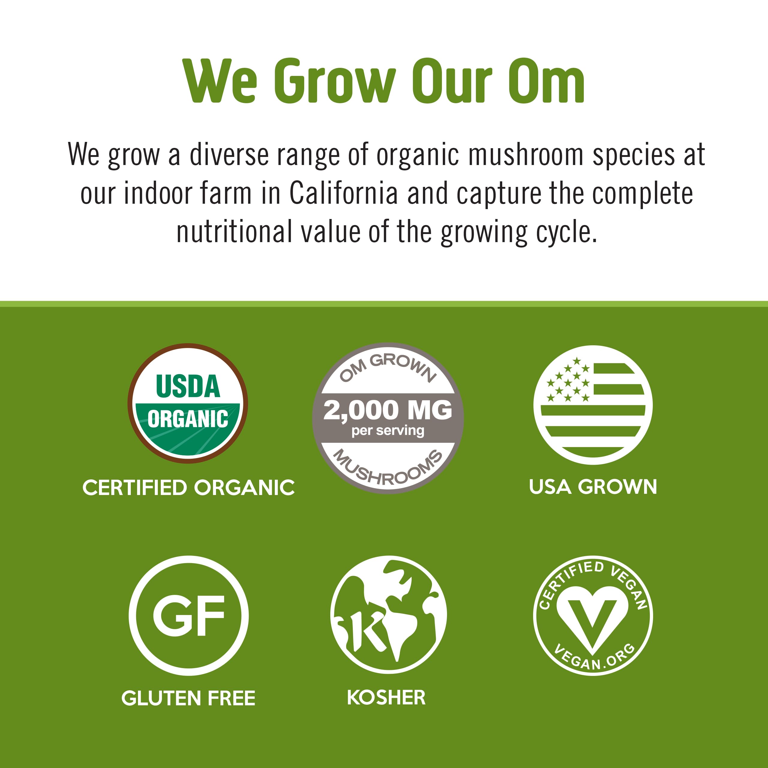 OM MUSHROOM SUPERFOOD detalle de la etiqueta con certificaciones claras