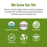 OM MUSHROOM SUPERFOOD detalle de la etiqueta con certificaciones claras