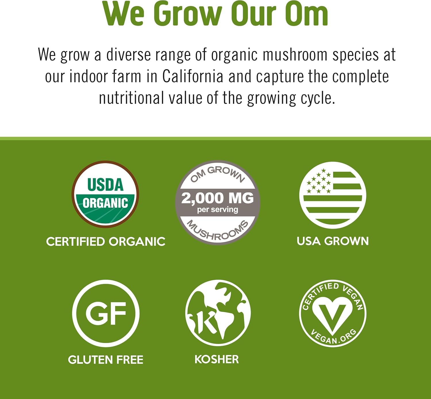 OM MUSHROOM SUPERFOOD etiqueta con certificaciones orgánicas visibles
