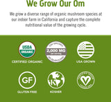 OM MUSHROOM SUPERFOOD etiqueta con certificaciones orgánicas visibles