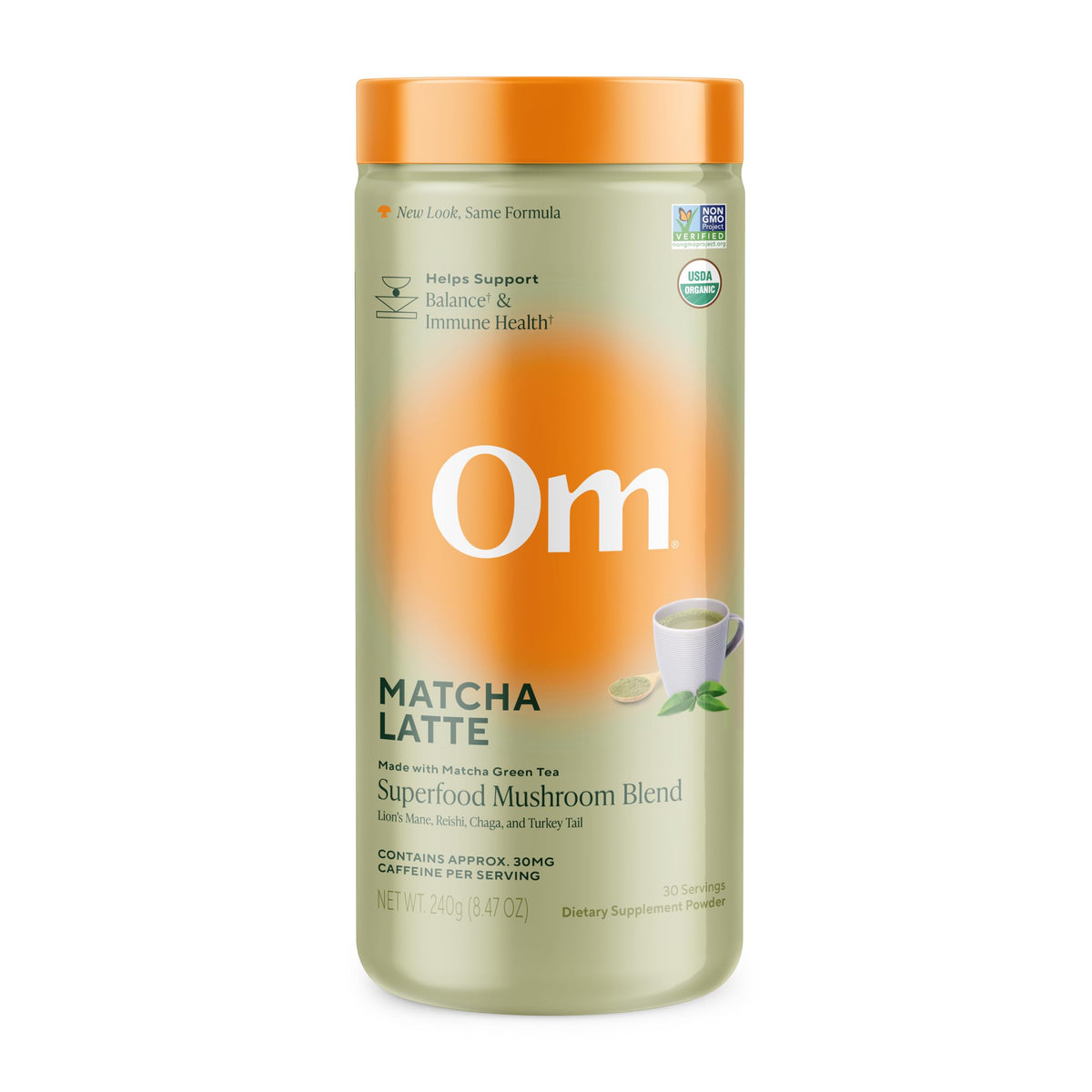 OM MUSHROOM SUPERFOOD vista frontal del envase mostrando la mezcla