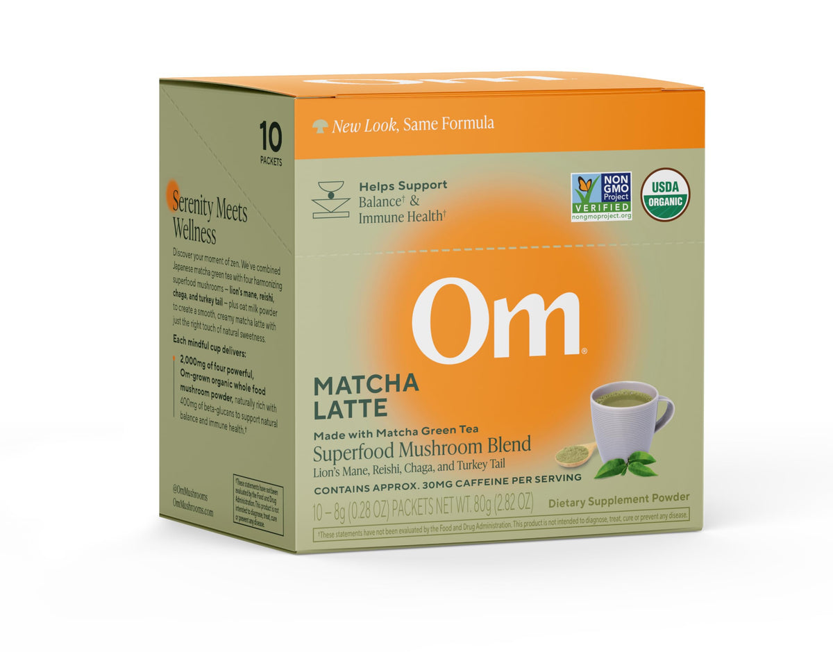 OM MUSHROOM SUPERFOOD paquete frontal mostrando diseño y beneficio práctico