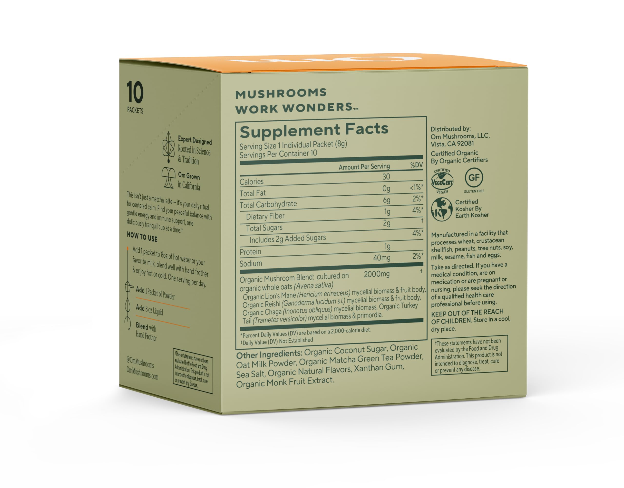 OM MUSHROOM SUPERFOOD sobre individual en mano, fácil de llevar