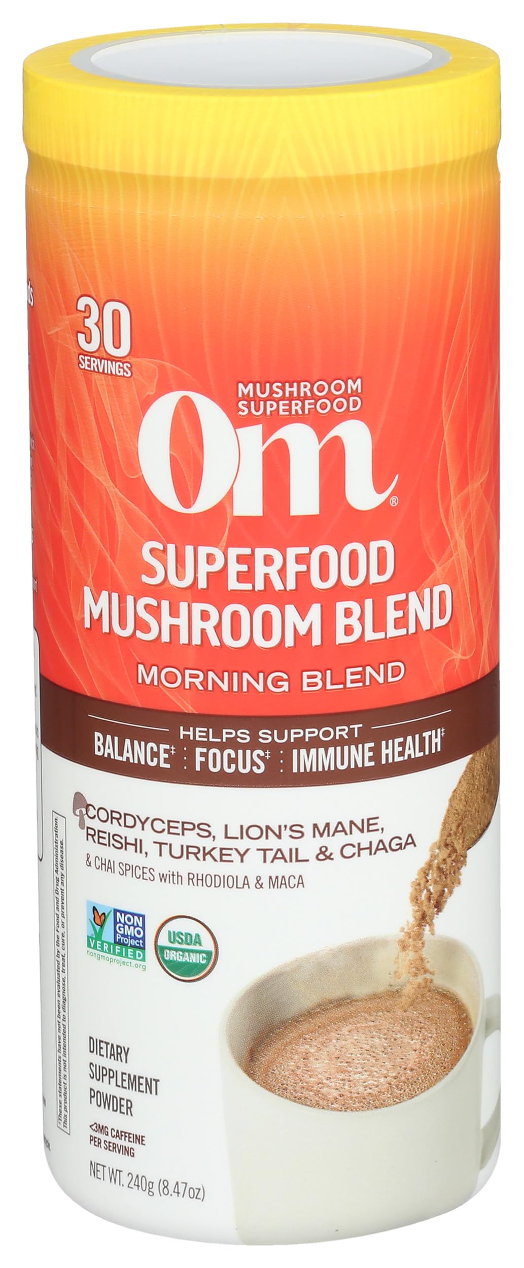OM MUSHROOM cucharada de polvo servida, fácil dosificación diaria