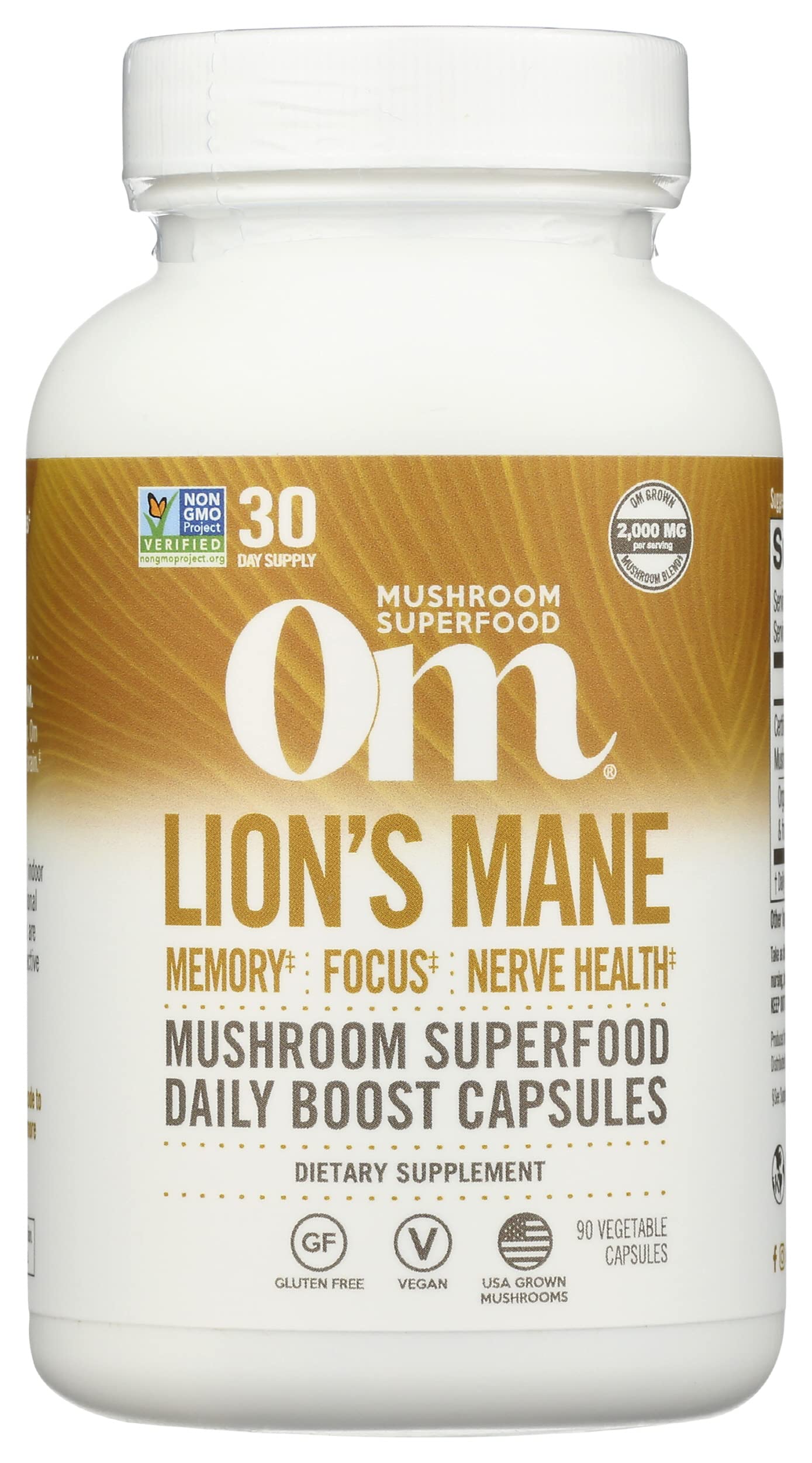 OM MUSHROOM SUPERFOOD frasco frente mostrando 90 cápsulas y beneficio enfoque