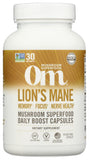 OM MUSHROOM SUPERFOOD frasco frente mostrando 90 cápsulas y beneficio enfoque