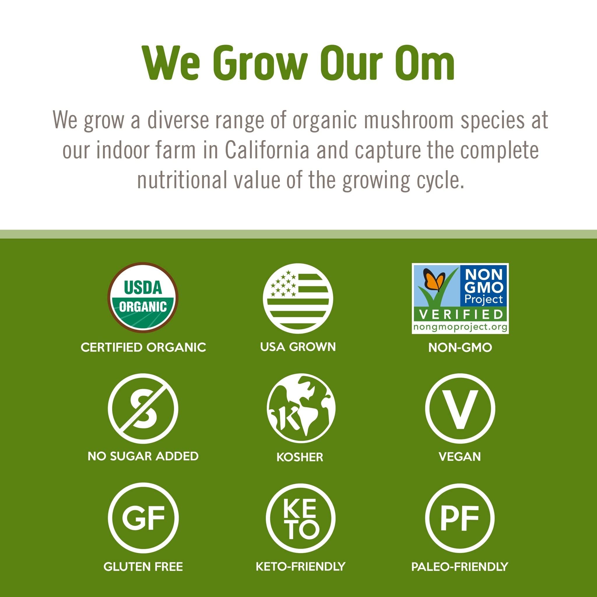 OM MUSHROOM SUPERFOOD comparación de tamaño del envase y porciones