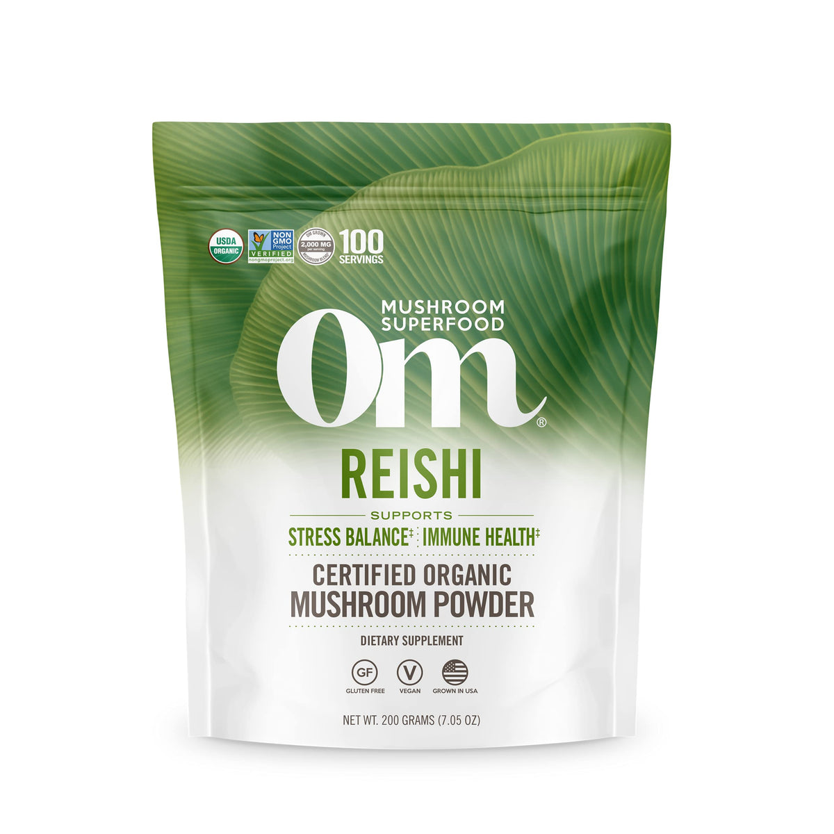 OM MUSHROOM SUPERFOOD frasco frontal mostrando el envase y beneficios