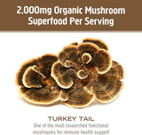 OM MUSHROOM SUPERFOOD botella abierta junto a vaso para uso diario práctico