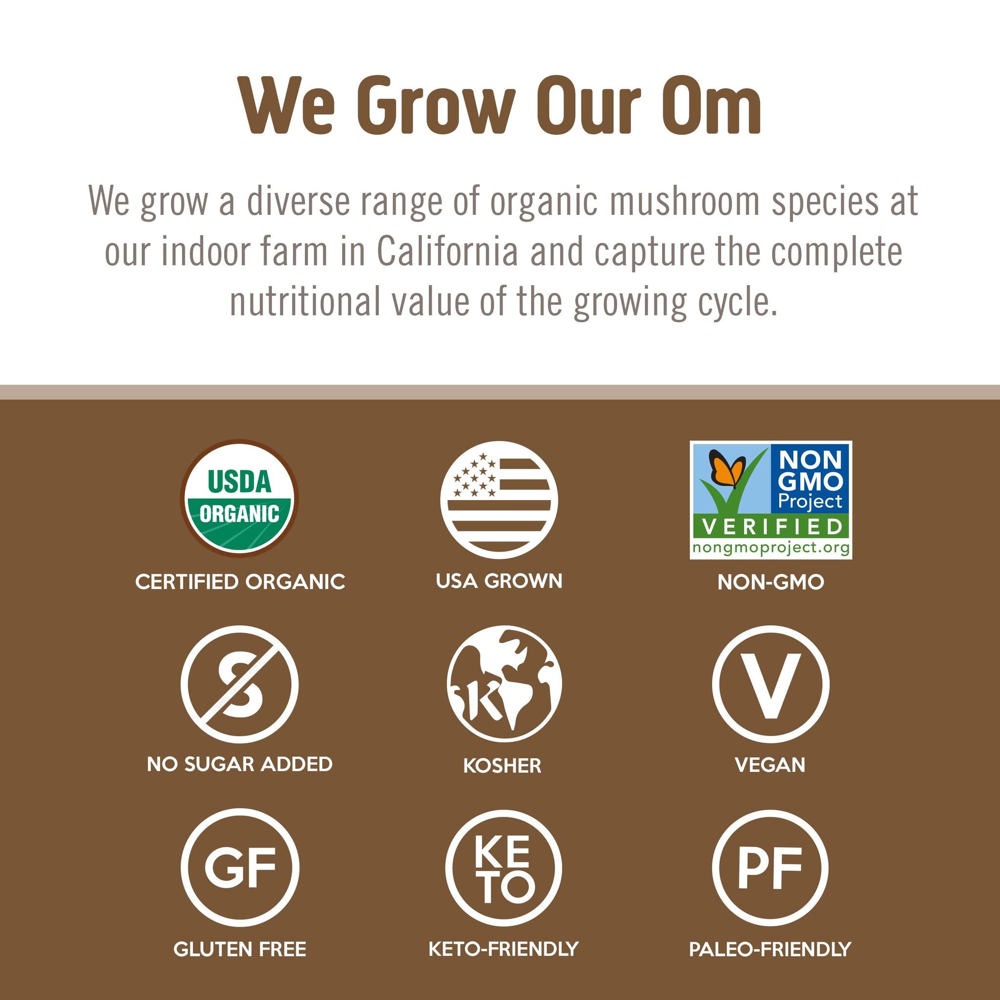 OM MUSHROOM SUPERFOOD etiqueta con certificaciones orgánicas y pruebas
