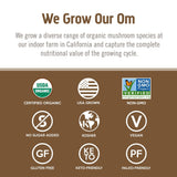 OM MUSHROOM SUPERFOOD etiqueta con certificaciones orgánicas y pruebas