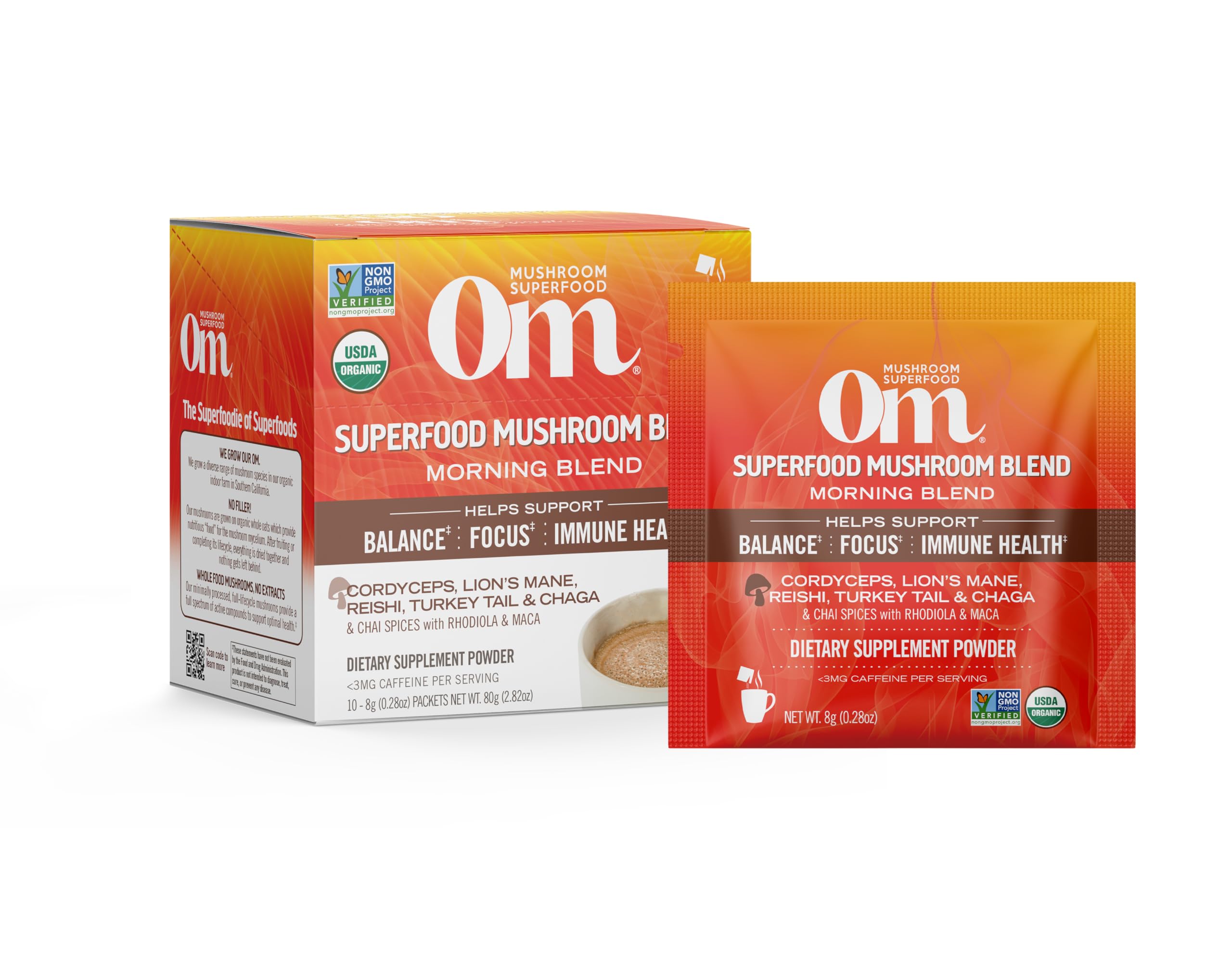 OM MUSHROOM SUPERFOOD frente del empaque mostrando sobres individuales y beneficios