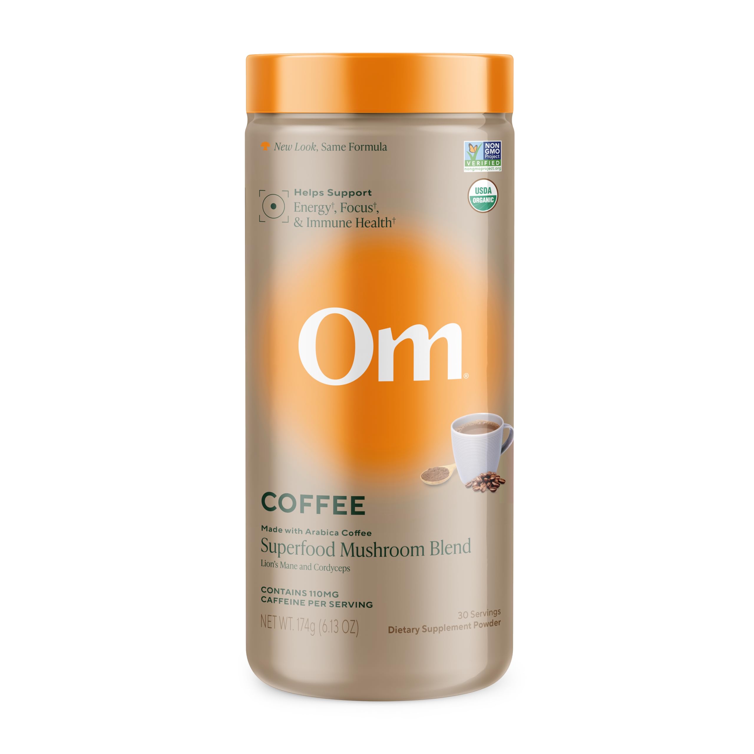 OM MUSHROOM SUPERFOOD envase frontal mostrando diseño y beneficios