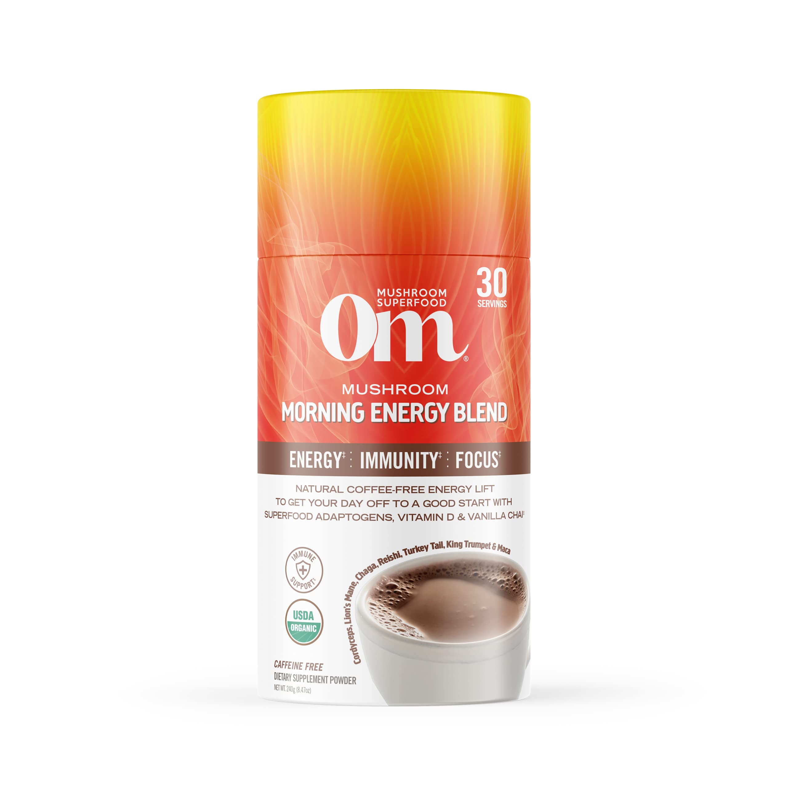OM MUSHROOM SUPERFOOD frasco frontal mostrando marca y tamaño, presentación clara