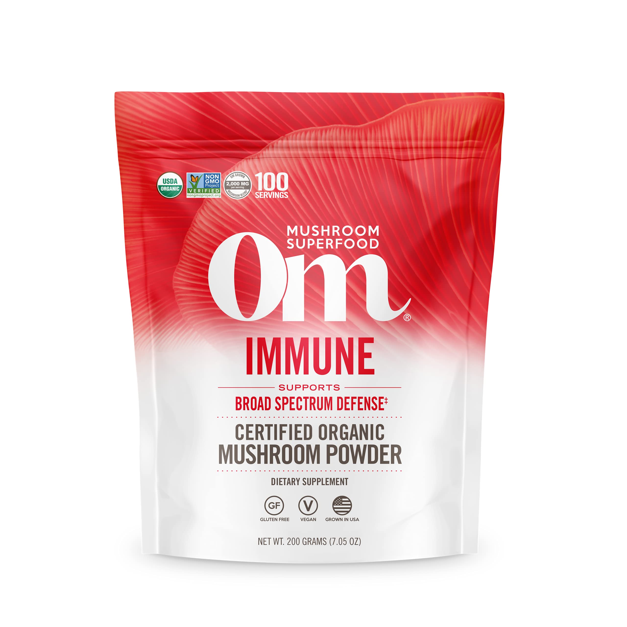 OM MUSHROOM SUPERFOOD frente del envase mostrando bolsa resellable y tamaño práctico