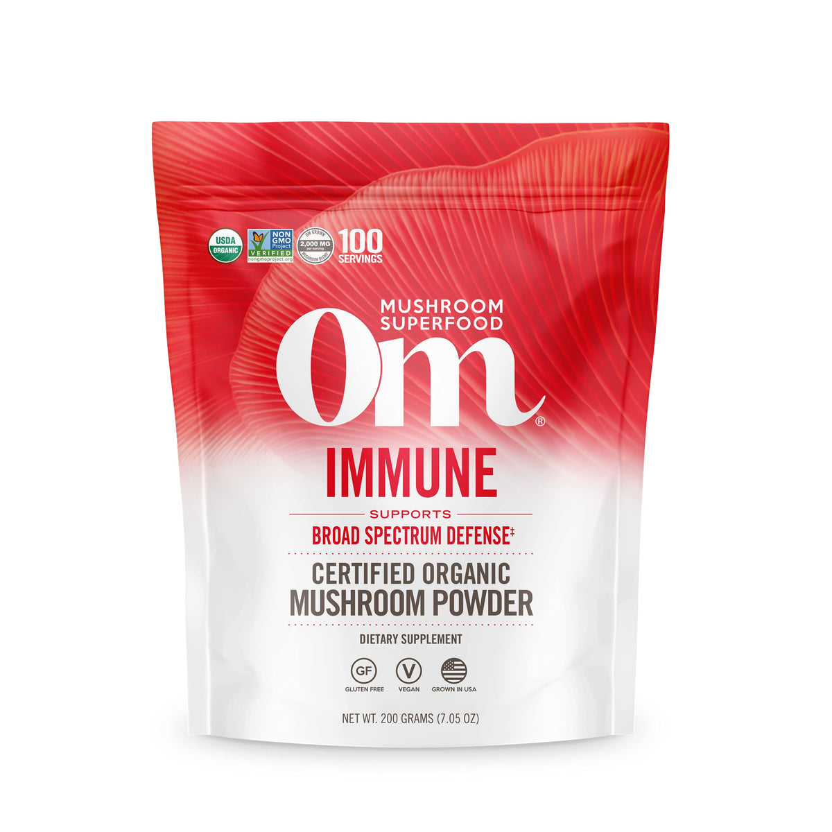 OM MUSHROOM SUPERFOOD frente del envase mostrando bolsa resellable y tamaño práctico