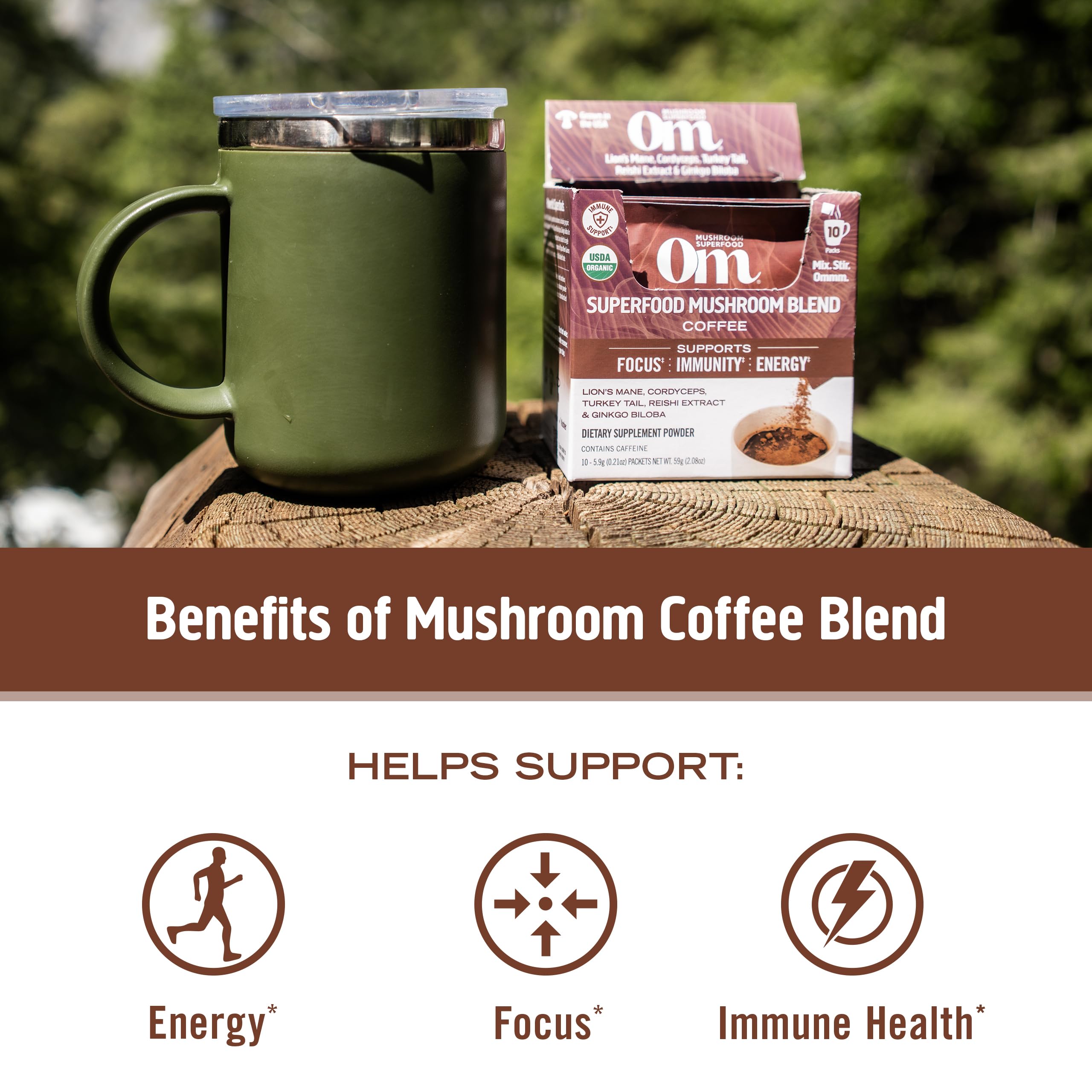 OM MUSHROOM SUPERFOOD mezcla de lions mane y cordyceps visibles
