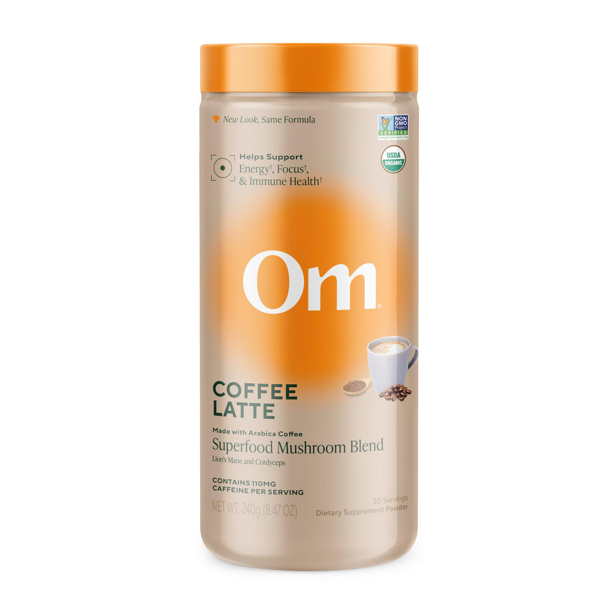 OM MUSHROOM SUPERFOOD lata frontal mostrando envase y beneficio de conveniencia