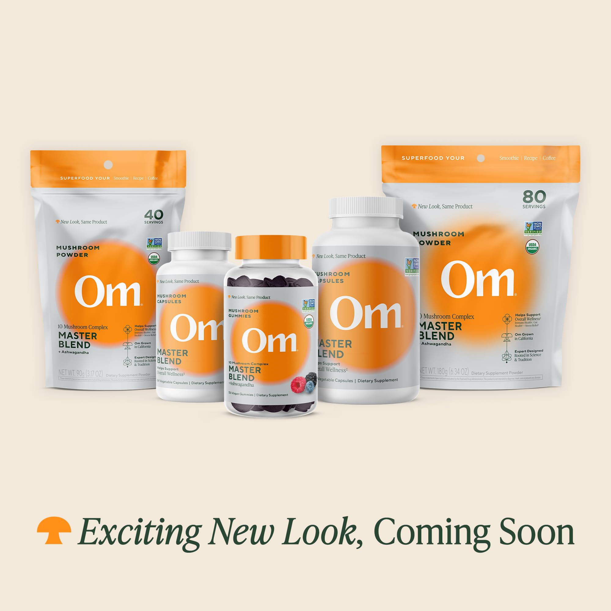 OM MUSHROOM SUPERFOOD primer plano de ashwagandha y hongos mezclados