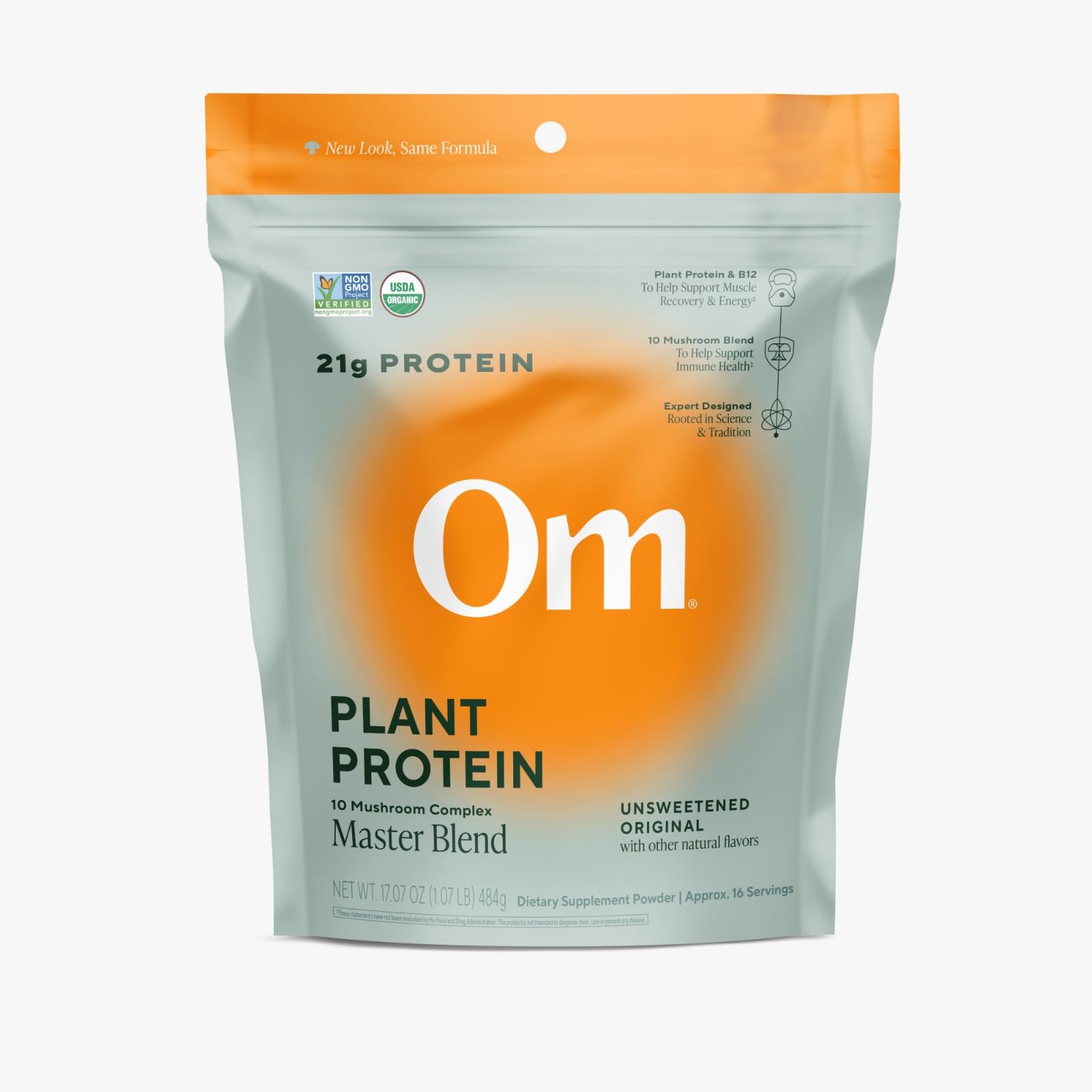 OM MUSHROOM SUPERFOOD envase frontal mostrando marca y beneficios claros