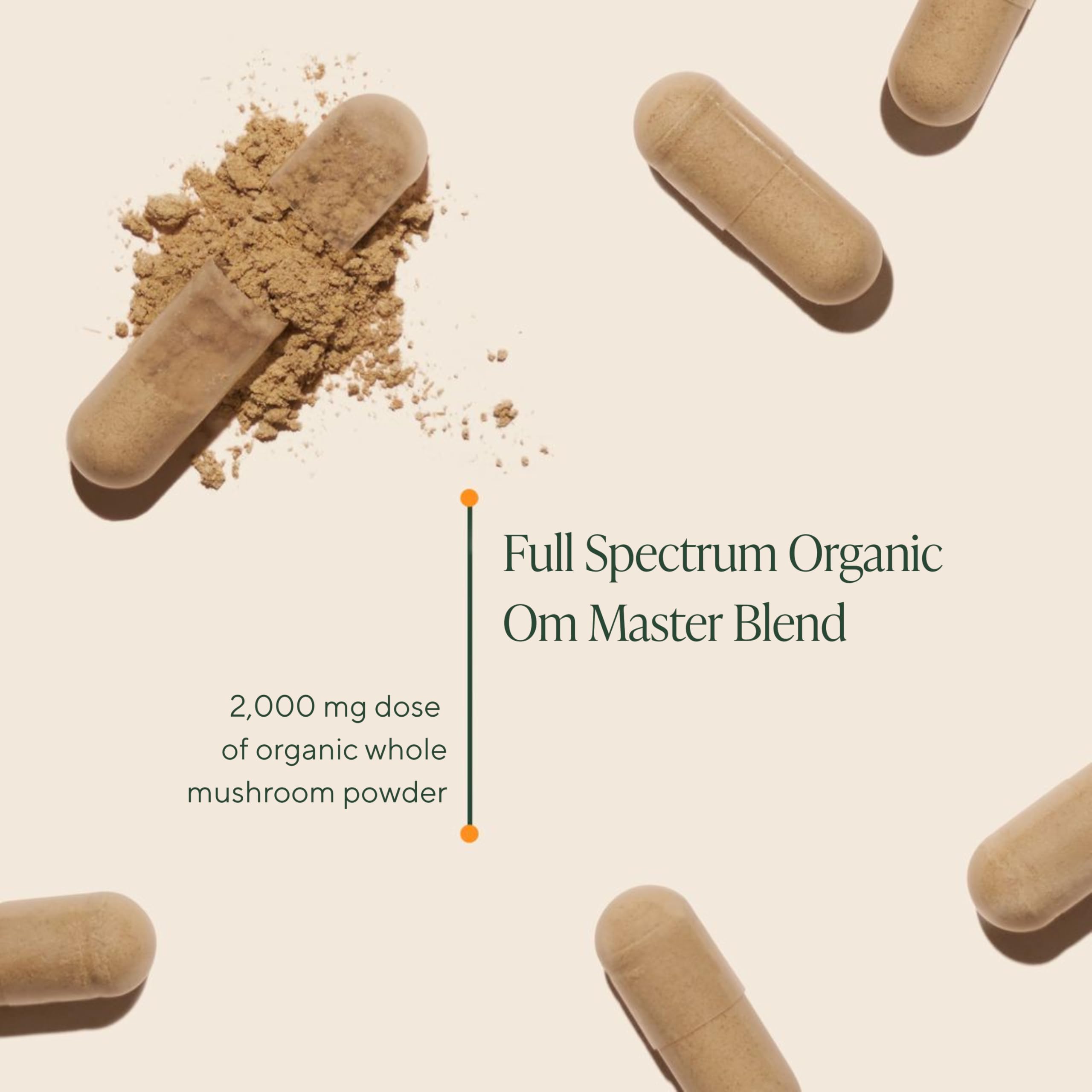 OM MUSHROOM SUPERFOOD etiqueta con lista de 10 hongos y ashwagandha