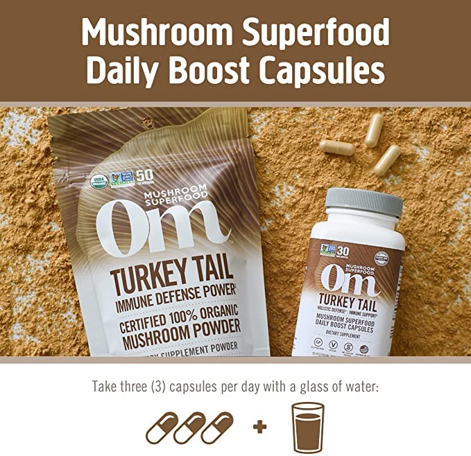 OM MUSHROOM SUPERFOOD polvo de Turkey Tail mostrando color y finura