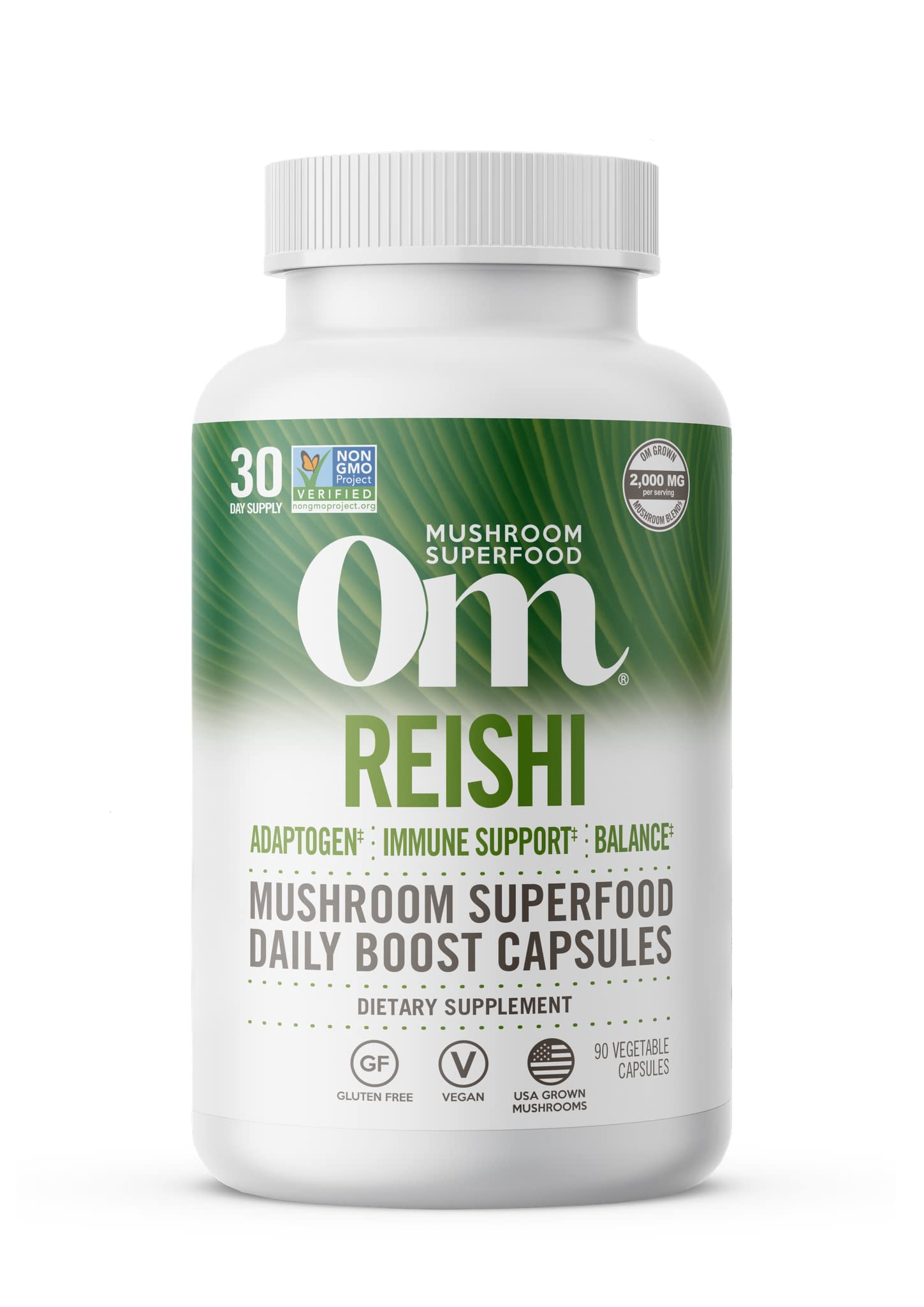 OM MUSHROOM SUPERFOOD frente del envase mostrando cápsulas y beneficio de conveniencia