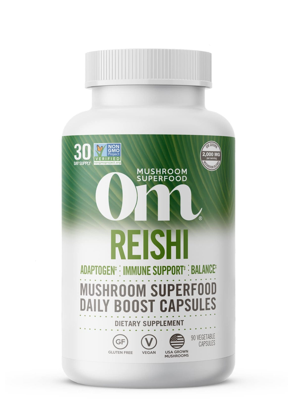 OM MUSHROOM SUPERFOOD frente del envase mostrando cápsulas y beneficio de conveniencia