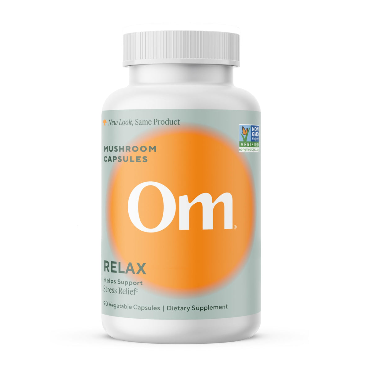 OM MUSHROOM SUPERFOOD frasco frontal mostrando 90 cápsulas y certificaciones